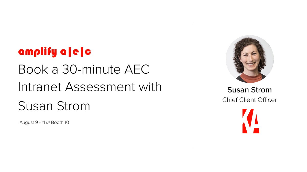 Maximize your SMPS Amplify A|E|C 2023 experience with a free AEC Intranet Assessment provided by Knowledge Architecture in the Expo Hall.

Book your assessment here: calendly.com/susanstrom/aec…

#smps #amplifyaec <a href="/amplifyaec/">amplifyaec</a>
