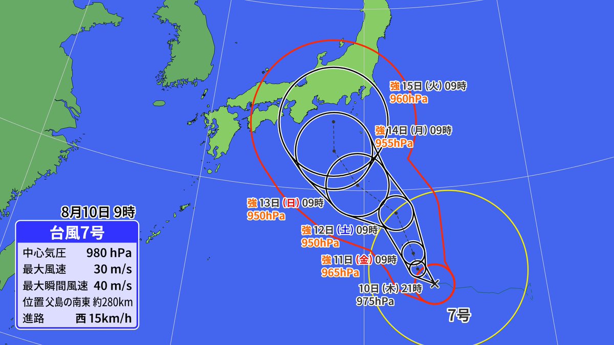 makotokawazu's tweet photo. 台風7号は動きが遅いので、土日に雨が降ることはあっても暴風にはならず、交通機関に大きく影響が出ることはないと見ています。

予報円をベースに考えると早ければ14日（月）、遅くとも15日（火）には東海や関東での影響が大きくなりそうです。

お盆期間中に大荒れの天気となる可能性が高めですので、帰省や旅行などの計画は随時見直しをお願いします。