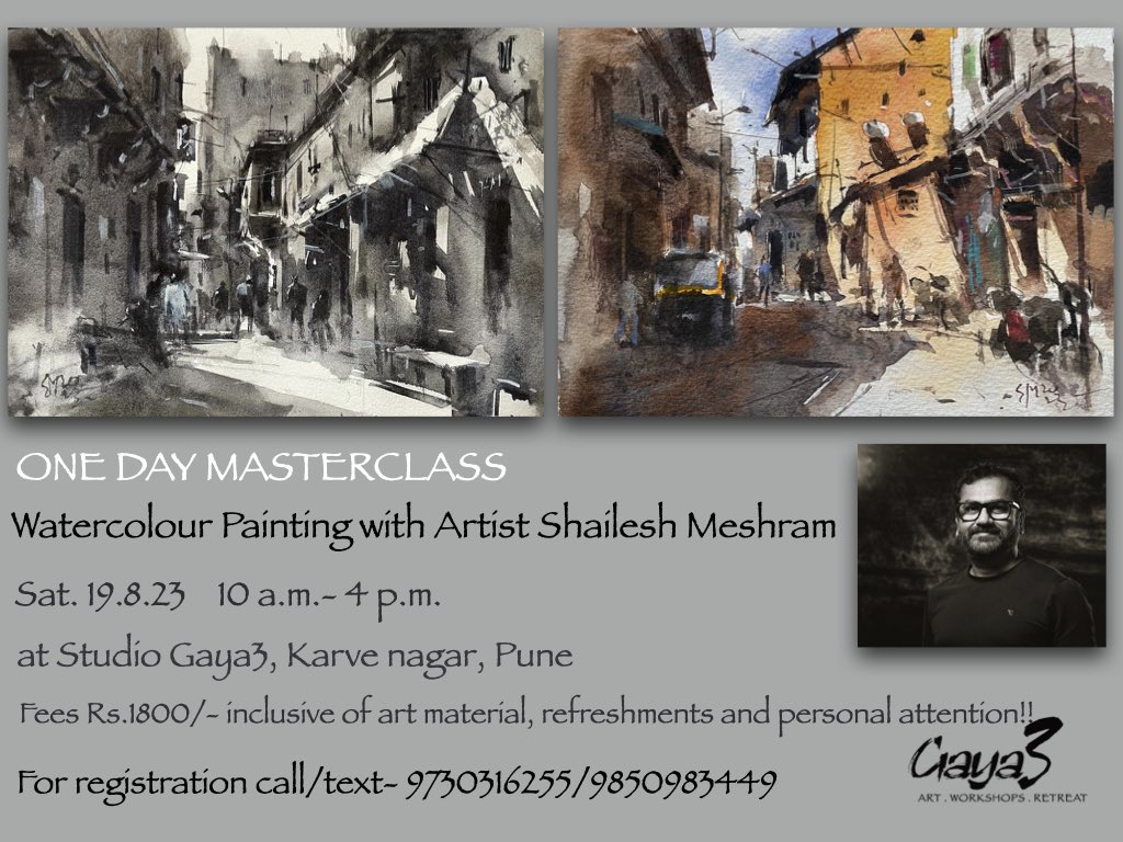 One day Watercolour Masterclass with artist Shailesh Meshram is coming up soon!! 🎉🥳🎨
Book your seat now. 
All details in the image. 
Age-13 yrs and above.

#watercolours #basic #masterclass  #painting #classes #drawing #art #painting #stepbystep #learntopaint