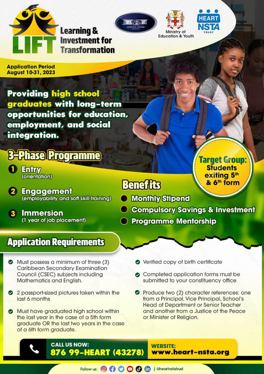 AndrewHolnessJM's tweet photo. The Government of Jamaica through @heartnstatrust is committed to getting every child Monday morning ready. The Learning &amp; Investment for Transformation (L.I.F.T.) Programme will provide youth with long-term opportunities for employment and social integration. https://t.co/WTg52cm2dA