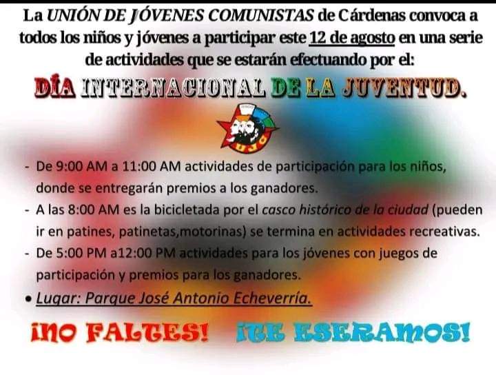 Numerosas son las actividades que en este #VeranoConAmor se desarrollan en la provincia de #Matanzas para beneplácito del pueblo ❤️🇨🇺
<a href="/DiazCanelB/">Miguel Díaz-Canel Bermúdez</a> <a href="/DrRobertoMOjeda/">Dr. Roberto Morales Ojeda</a> <a href="/mariofsabines/">Mario Sabines Lorenzo</a> <a href="/IzquierdoAlons1/">Livan Izquierdo Alonso</a> 
<a href="/gpppmatanzas/">Gobierno Provincial del Poder Popular en Matanzas</a> <a href="/PresidenciaCuba/">Presidencia Cuba 🇨🇺</a>