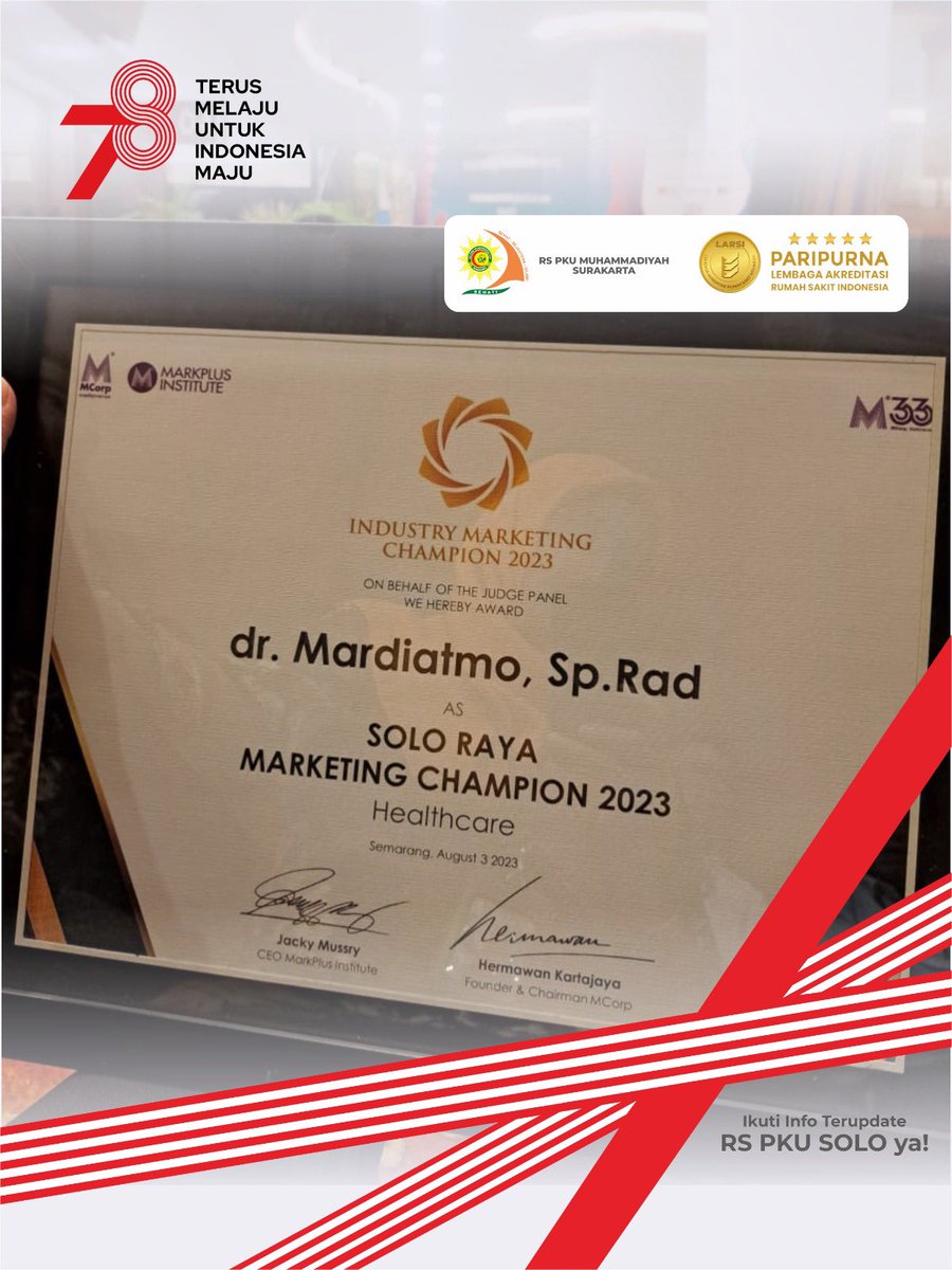rspkusolo's tweet photo. Penghargaan ini merupakan yang ke duakalinya diberikan kepada dr. Mardiatmo, Sp.Rad yang sebelumnya diberikan pada tahun 2018 oleh MARKPLUS INSTITUTE untuk kategori yang sama.

#marketing #health #pkusolo #rumahsakitsolo #rspkusolo #kotasolo https://t.co/IQKXOn63ni