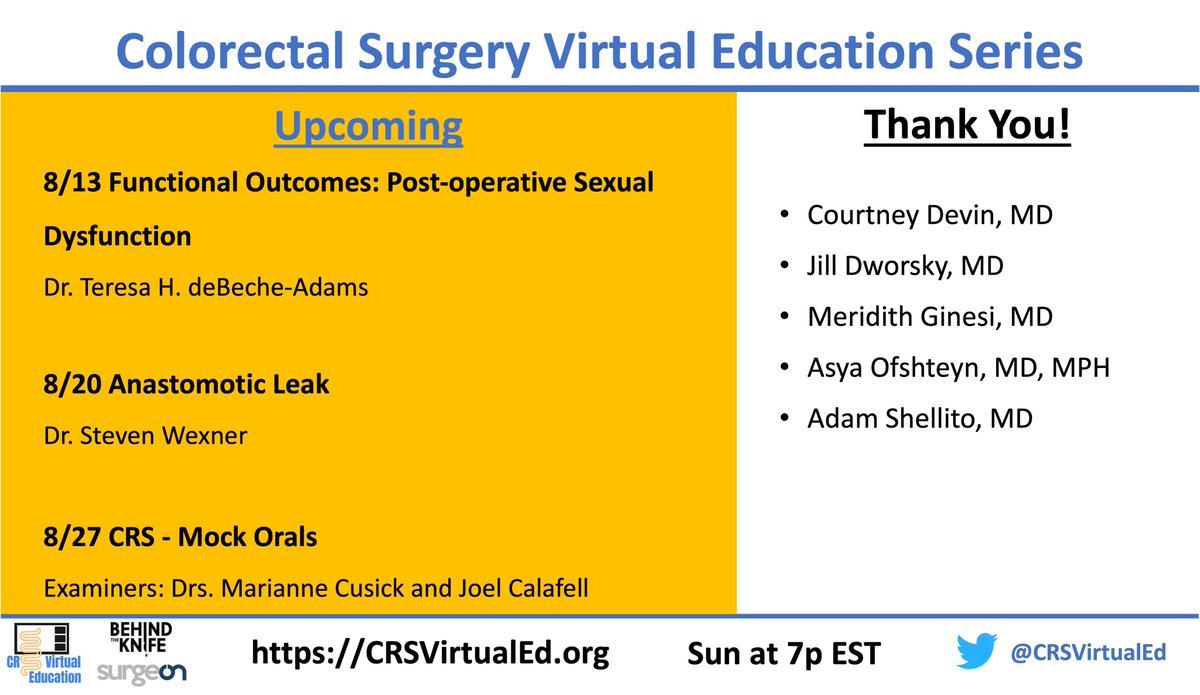 CRSVirtualEd (@crsvirtualed) on Twitter photo Coming soon 👀
Functional Outcomes: Post-operative Sexual Dysfunction w/ Dr. Teresa H. deBeche-Adams
Anastomotic Leak w/ Dr. Steven Wexner
CRS Mock Orals w/ Drs. Marianne Cusick and Joel Calafell
<a href="/colons_costumes/">Stevie-Jay Stapler</a> <a href="/katcleeMD/">Katherine Lee</a> <a href="/handeaydinli/">Hande Aydinli</a> <a href="/GabrielleDombek/">Gabrielle Dombek</a> <a href="/BehindTheKnife/">BehindTheKnife</a> Coming soon 👀
Functional Outcomes: Post-operative Sexual Dysfunction w/ Dr. Teresa H. deBeche-Adams
Anastomotic Leak w/ Dr. Steven Wexner
CRS Mock Orals w/ Drs. Marianne Cusick and Joel Calafell
<a href="/colons_costumes/">Stevie-Jay Stapler</a> <a href="/katcleeMD/">Katherine Lee</a> <a href="/handeaydinli/">Hande Aydinli</a> <a href="/GabrielleDombek/">Gabrielle Dombek</a> <a href="/BehindTheKnife/">BehindTheKnife</a>