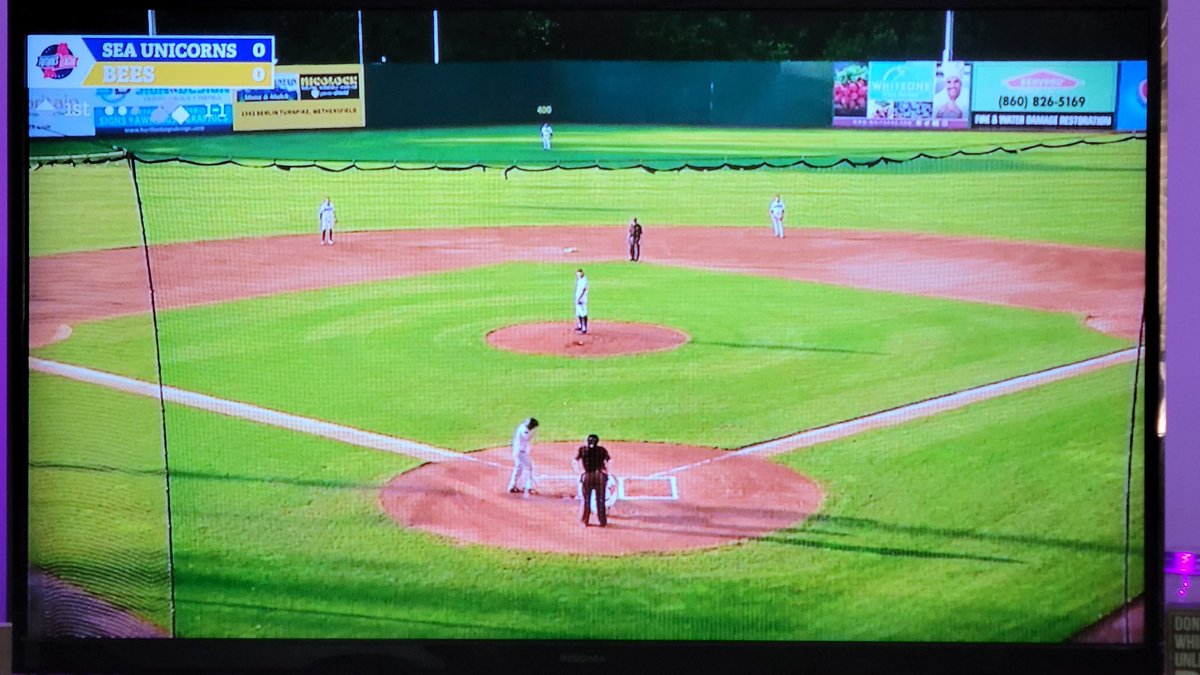 The1TrueBobbo's tweet photo. Unfortunately, I can't make it to Game 2 of the @NewBritainBees v @goseaunicorns playoff series, so I'm watching from home, listening to @RandyBrochu calling the plays, and keeping the energy Buzzing, on the WFSB+ app. #GoBees #BeeUnit #BeesBall https://t.co/x5SfvY9qsH