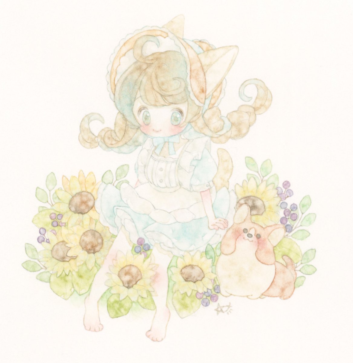 1girl animal ears barefoot watercolor (medium) flower painting (medium) dress  illustration images