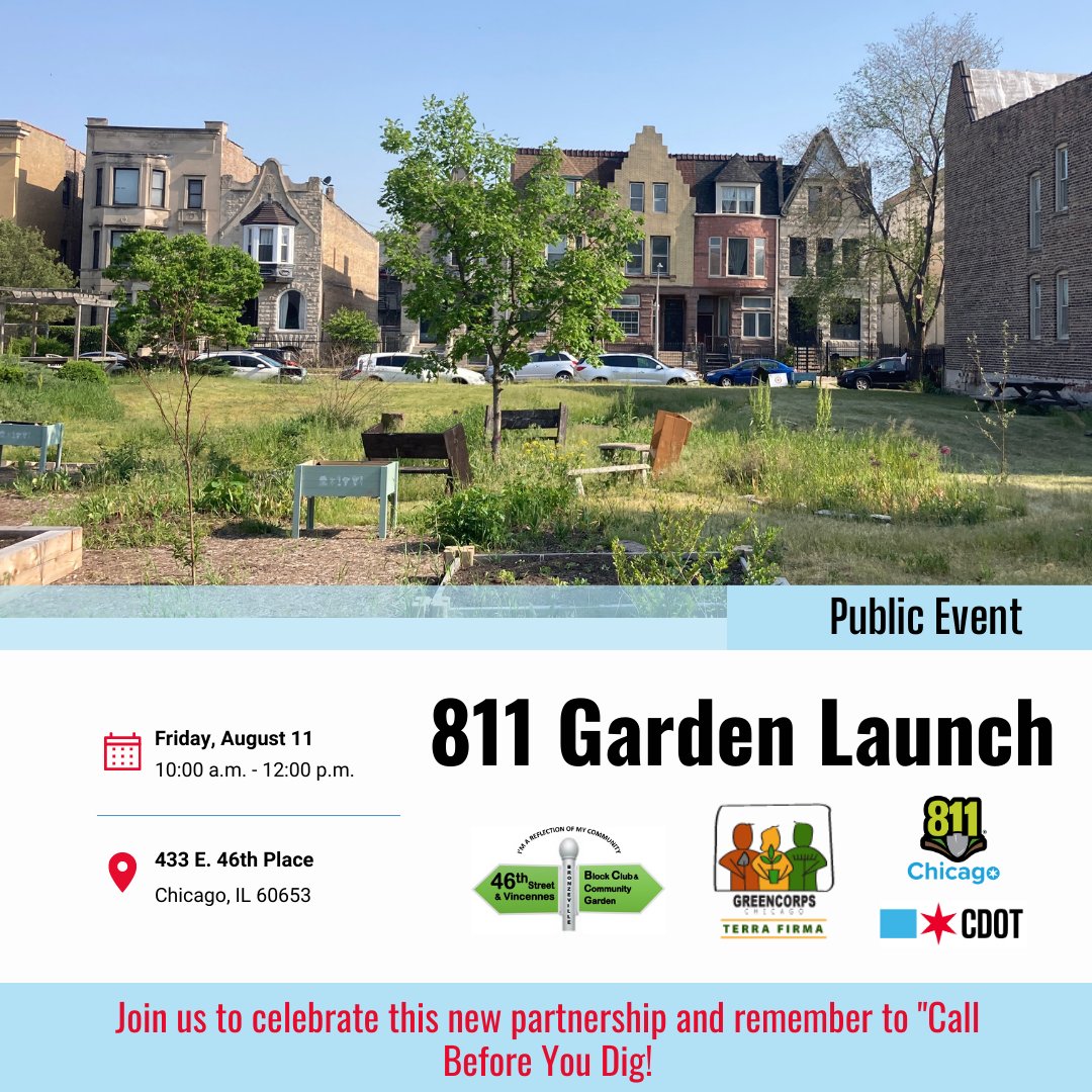 811Chicago's tweet photo. 811 CHICAGO"S "Call before you dig" GARDEN LAUNCH
Join CDOT, Greencorps, &amp; community gardeners
at the launch ceremony for the new 811 Chicago
Garden. This is the beginning of an exciting new
collaboration to raise awareness about importance of "calling before you dig" https://t.co/mY1LpgO7ol