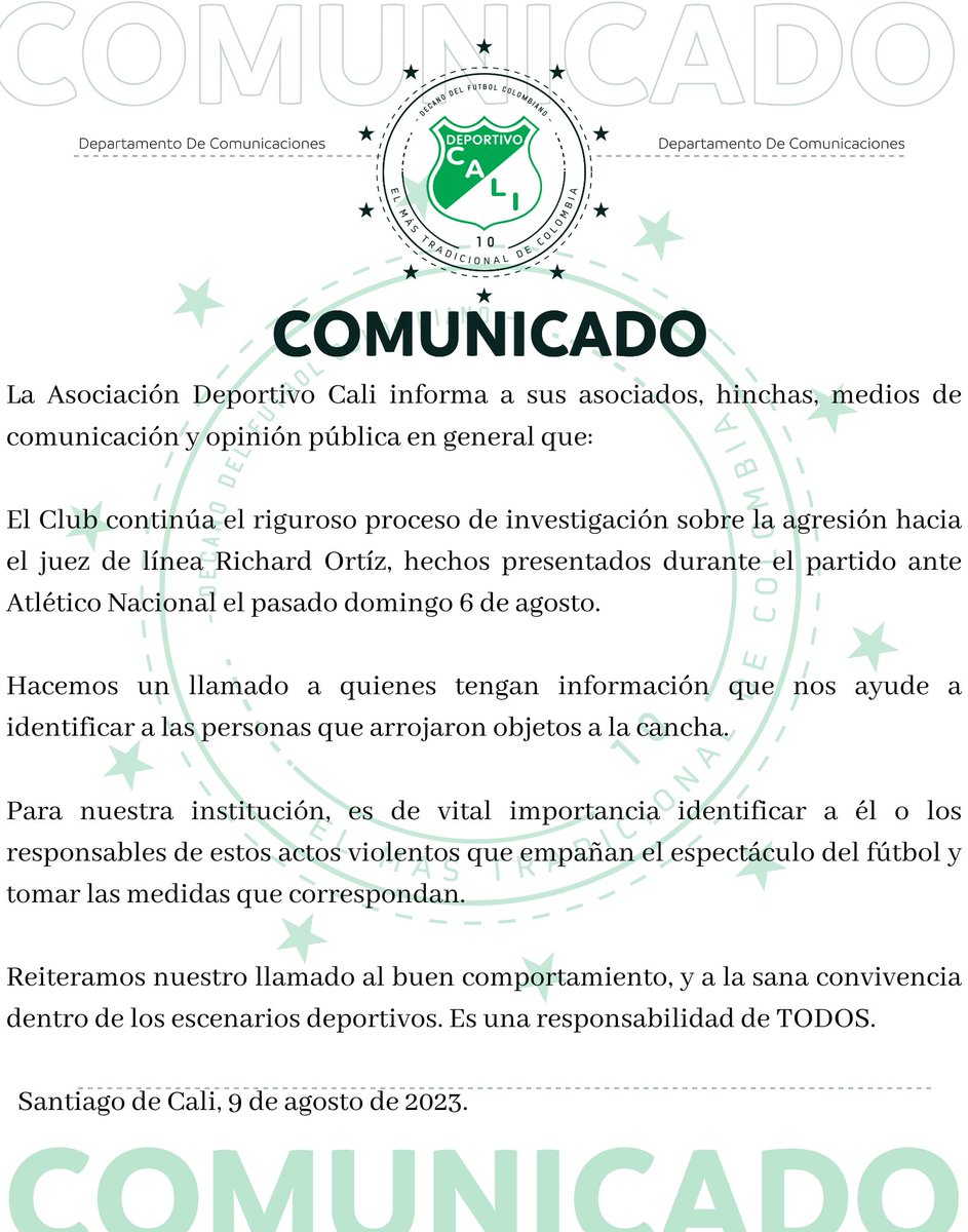 DeportivoCaliCP's tweet photo. 📄 [Comunicado] La Asociación Deportivo Cali hace un llamado a quienes tengan información que nos ayude a identificar a los responsables de los hechos acontecidos en el partido ante Atlético Nacional. 

Reiteramos nuestro llamado al buen comportamiento dentro de los escenarios deportivos. Es una responsabilidad de todos.