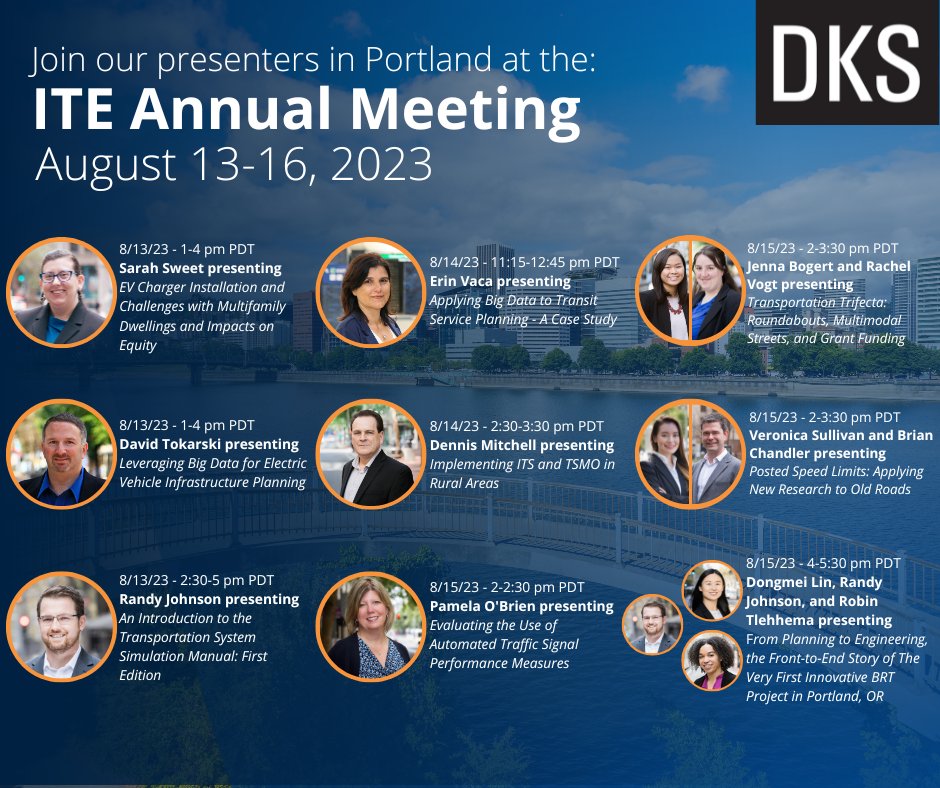 DKS will be joining transportation experts from across the country at the Annual ITE Meeting on August 13-16. Numerous employee-owners will be presenting during the conference. Check out the full schedule here: iteannualmeeting.org