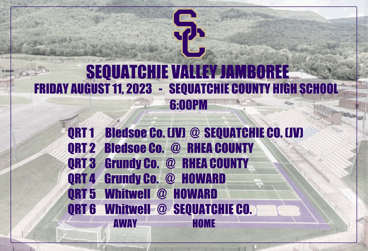 The Sequatchie Valley Jamboree Friday August 11 at 6:00PM at Sequatchie County High School.

The SCHS QB Club &amp; <a href="/SeqFootball/">Sequatchie County High School Football</a>
Welcomes... <a href="/BledsoeFootball/">Warrior Football</a> <a href="/GCHS_football_/">Grundy Co. Football</a>
<a href="/HustlinTigers/">The Howard School</a>
<a href="/RCHSwingTcntry/">Rhea County Football</a> 
<a href="/WhitwellHigh/">WHS</a>

#FNF3
#SidelineWrapup
#bestofpreps
#ChattSports