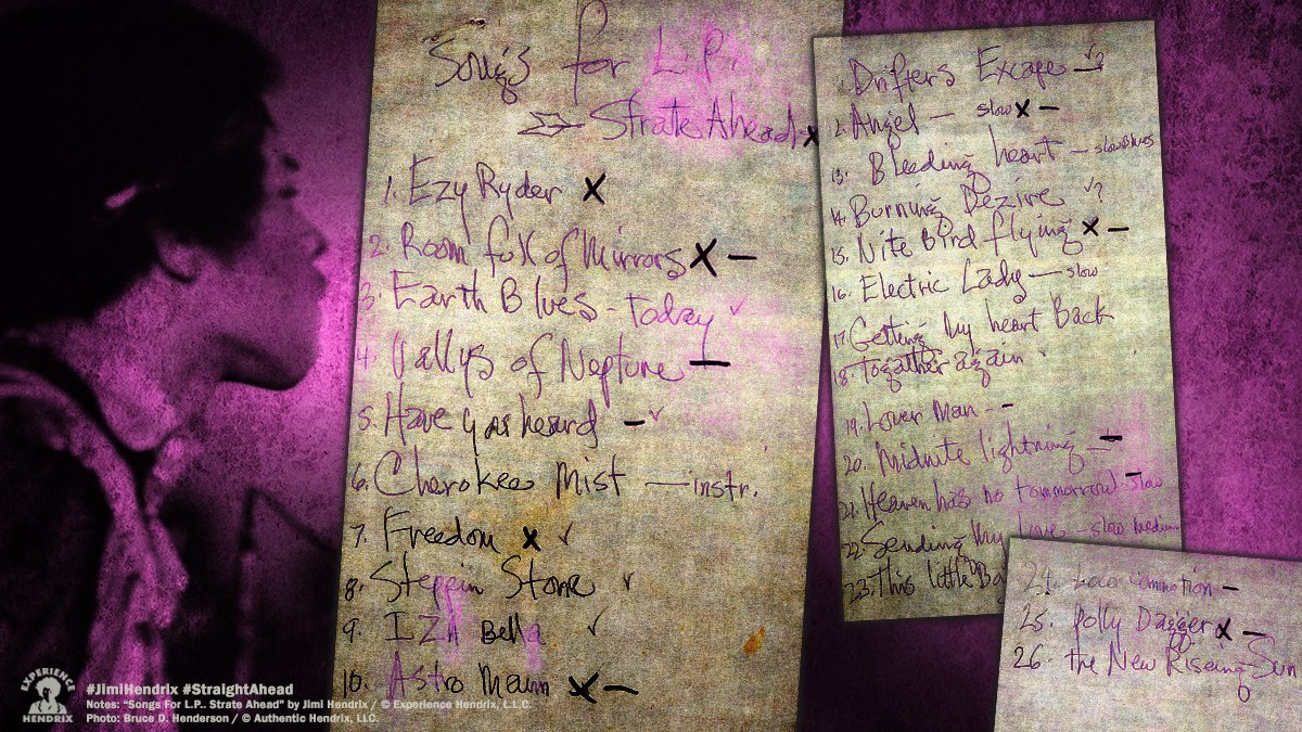 JimiHendrix's tweet photo. Returning once again to his new Electric Lady Studios, Jimi Hendrix compiled a memo titled, "Songs for the L.P. Strate Ahead" in August 1970.  

#JimiHendrix #StraightAhead #FirstRays #MusicEvolution https://t.co/2nRsXmEkDh