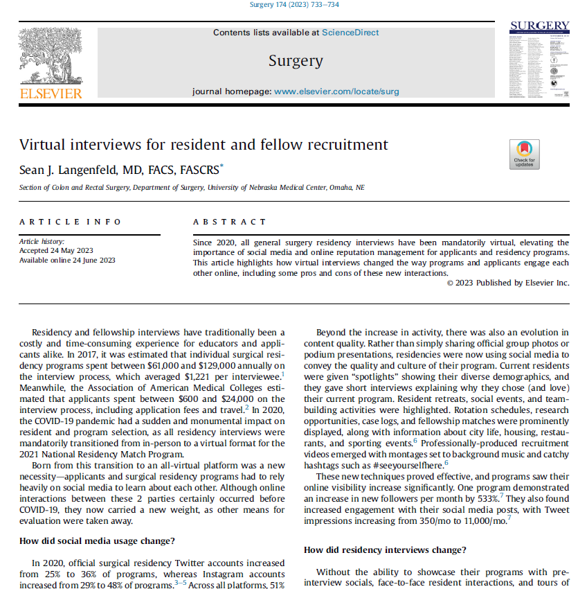 SeanLangenfeld's tweet image. Here&apos;s a recent @SurgJournal article I wrote on #virtualinterviews &amp;amp; social media&apos;s increasing importance for resident &amp;amp; fellow recruitment

Key point: Online reputation management is a new necessity.

Many thanks to @debby_keller @SWexner for the invite!

surgjournal.com/article/S0039-…