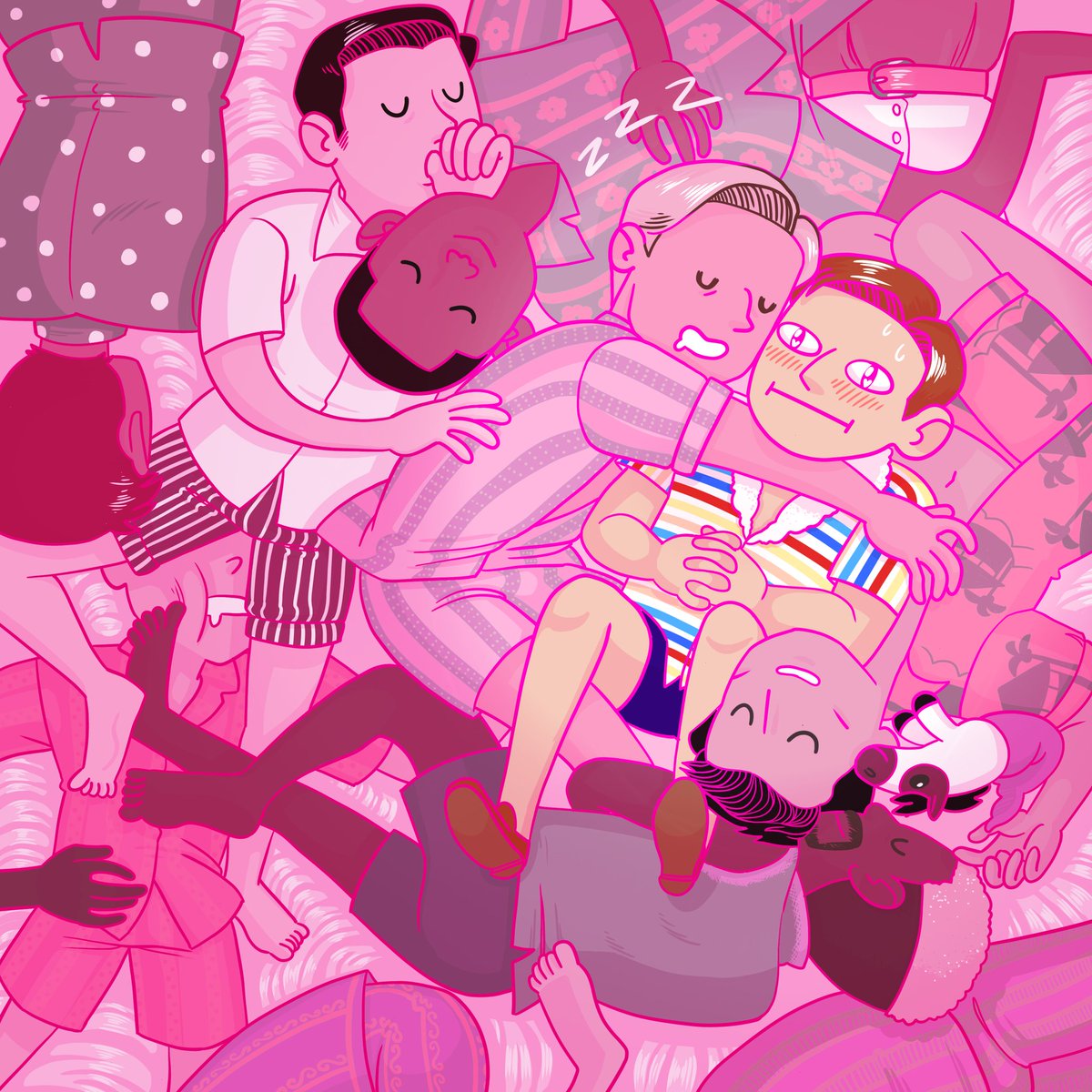 Vladmitry's tweet photo. i imagine the kens sleep in a big pile like a bunch of ferrets. also allan is there #Barbie https://t.co/fnQKBNc0l3
