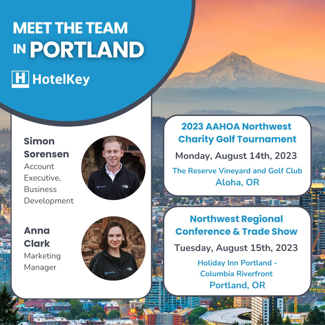 Join the HotelKey team next week in #Portland, Oregon! at the 2023 <a href="/AAHOA/">AAHOA</a> Northwest events!

Stop by our tables on both Monday, August 14th and Tuesday, August 15th to learn about our state of the art, luxury-ready, #PropertyManagementSystem!