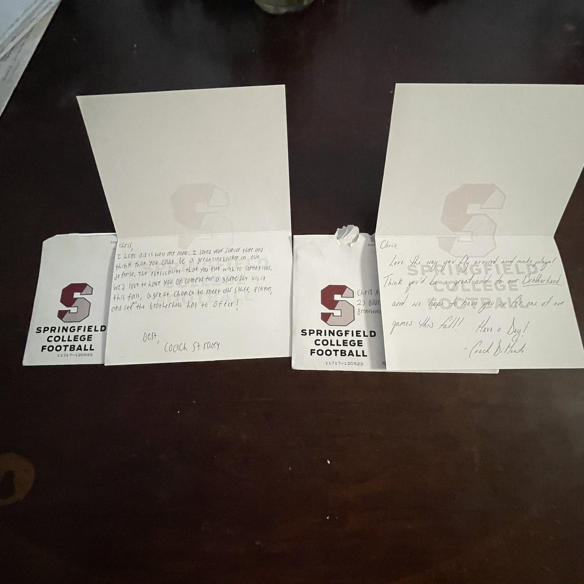Thank you <a href="/CoachStraley/">Owen Straley</a> and <a href="/CoachDiMonte/">Vince DiMonte</a> for the handwritten letters, I’d love to come up and visit <a href="/_SCFootball/">Springfield Football</a> this fall.💯