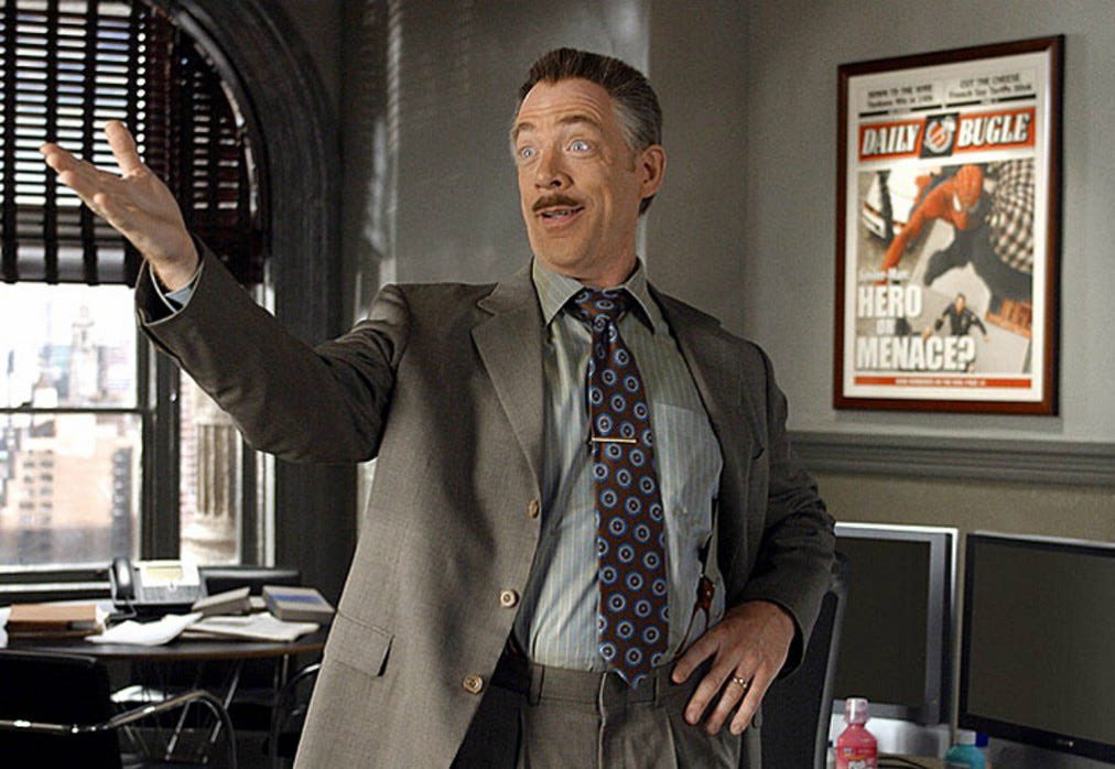 NicholasPas5's tweet photo. Arguably nobody embodied their character better than JK Simmons as J. Jonah Jameson https://t.co/5xCowhnS0H