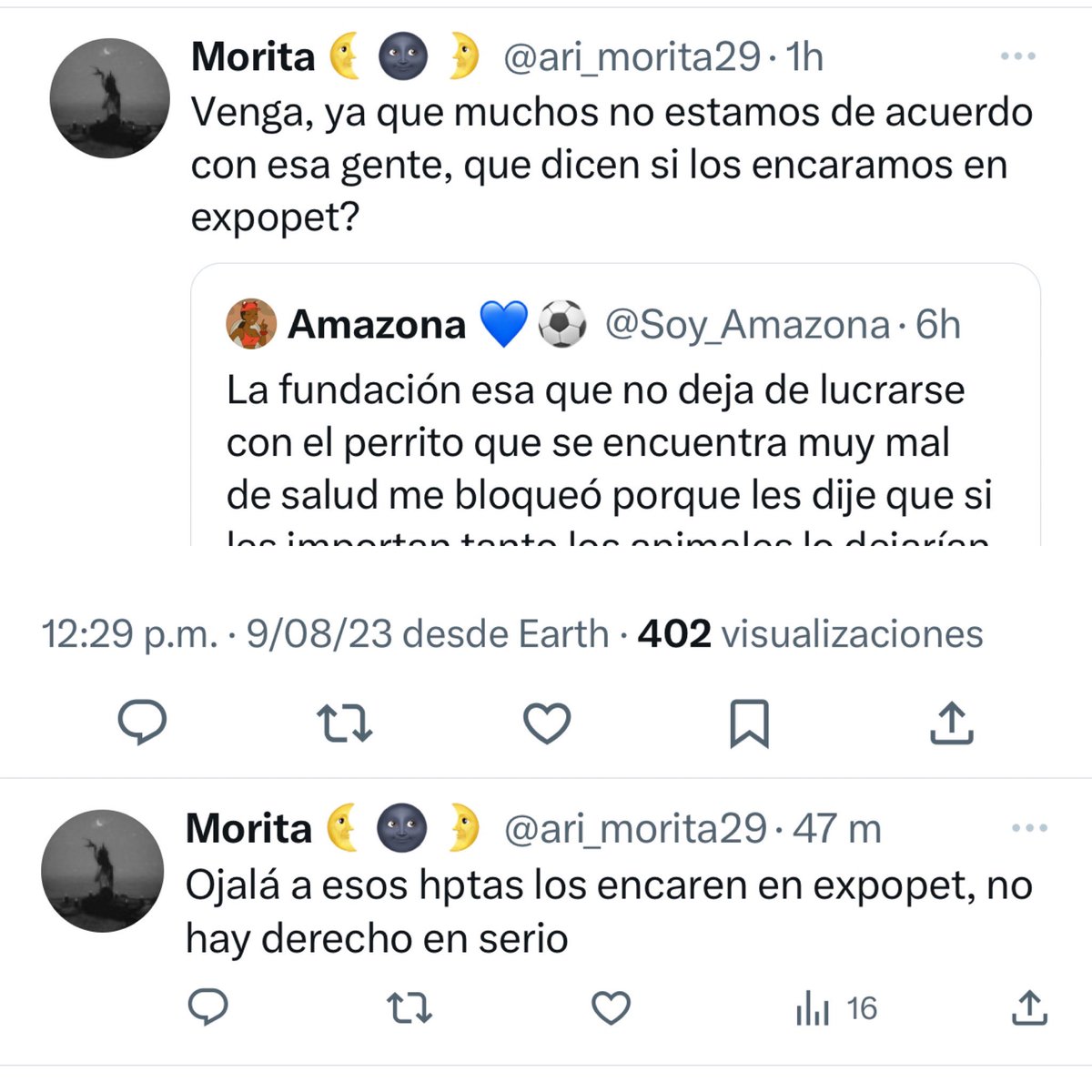 AsociacionMi's tweet photo. COMUNICADO: 

Si le pasa algo a Ángel o a nosotros responsabilizamos públicamente a las siguientes cuentas de Twitter que nos están amenazando con hacernos algo, ¿nos quiere agredir físicamente? ¿Quieren acabar con nuestra vida? ¿Quieren dormir a un perrito que se encuentra en óptimas condiciones de salud? Cómo es eso que nos van a encarar en Expopet y que están formando un grupo ¿nos van a encarar por salvar MILES de vidas? Acaso ustedes son veterinarios y saben de la historia clínica de el, para decir que está sufriendo? TEMEMOS por nuestra vida y la de Ángel, él no tiene todos los meses cirugías, de dónde sacan eso, gracias a él se encuentra en desarrollo la Ley Ángel que va ayudar a TODOS los animales, que más desean? Nos dijeron criminales, que falta de respeto, consideración y empatía con esta labor tan fuerte que pocos hacemos. Estamos recibiendo amenazas bastante graves y procederemos a denunciar ante la @FiscaliaCol