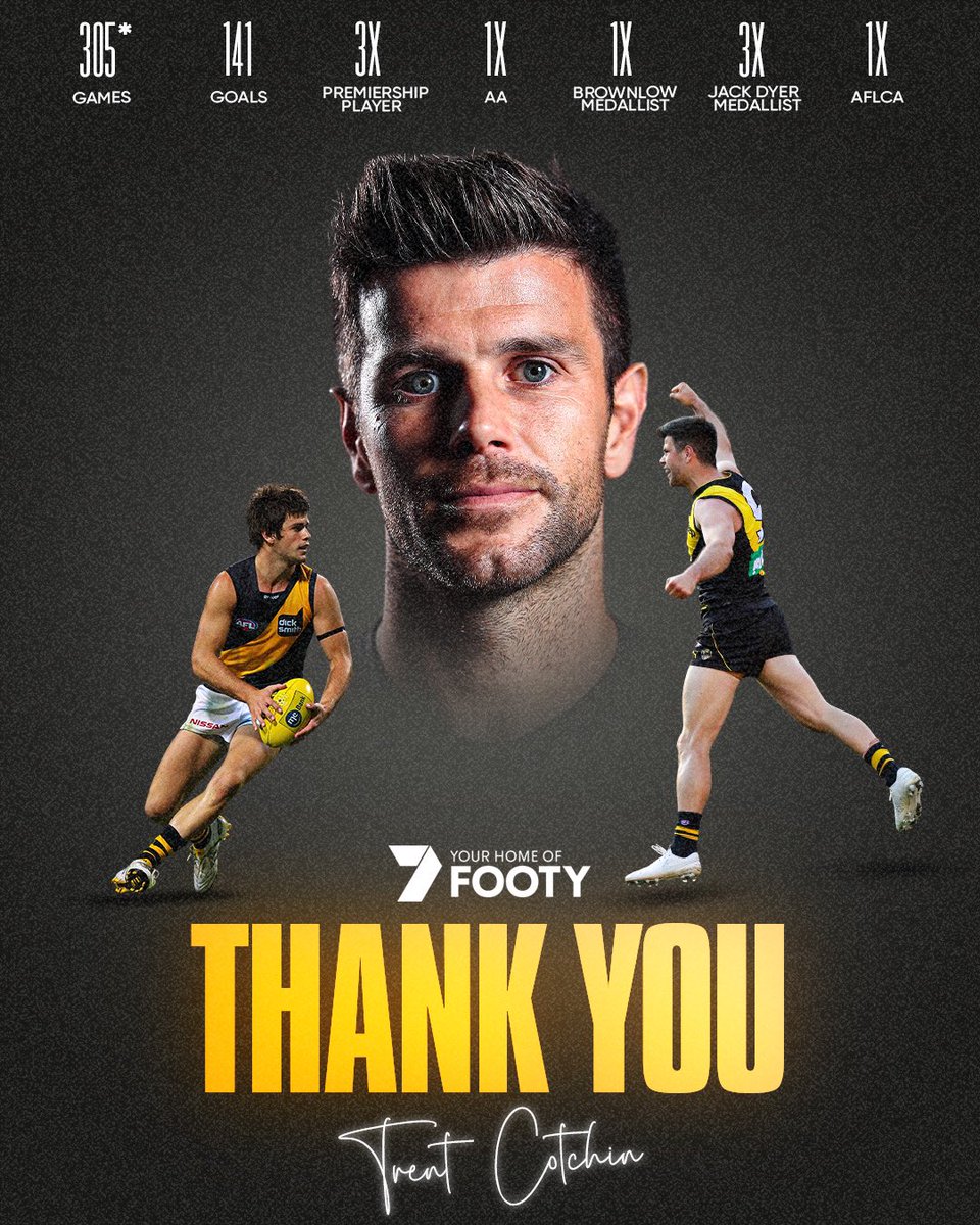 7AFL's tweet photo. Richmond’s only triple premiership captain calls time. 

Trent Cotchin will retire at the end of the 2023 season 🐯 https://t.co/Do8838uRvX