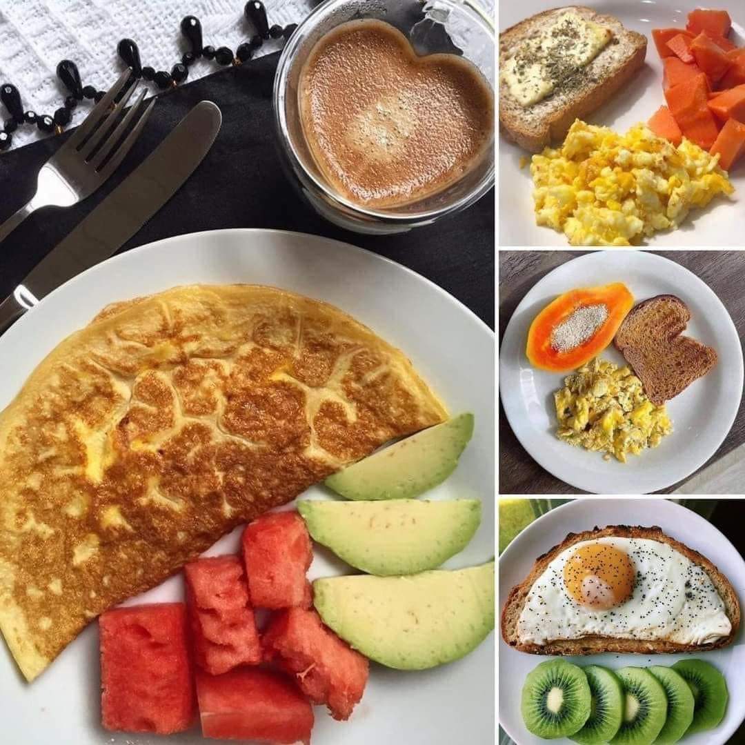 4 desayunos saludables

Desayuno 1
Ingredientes:
Café ☕️ 
Tortilla de huevo 🍳 
Aguacate 🥑 
Sandía 🍉 

Desayuno 2
Ingredientes:
Huevo revuelto 🍳
Papaya 
Tostada 

Desayuno 3
Ingredientes:
Papaya 
Tostada🍞 
Huevo revuelto 🍳

Desayuno 4
Ingredientes:
Tostada 
Huevo 🍳 
Kiwi 🥝