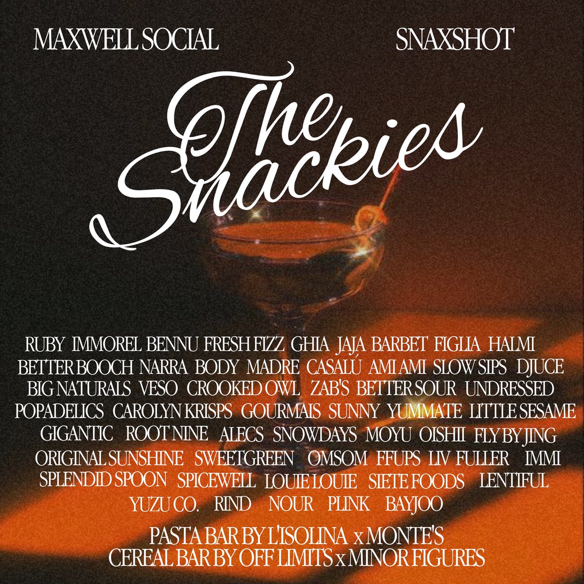 SNACKIES 😮‍💨‼️ gonna be INSANE 

Not only do we have incredible roster 🤌🏽 from <a href="/SieteFoods/">Siete Family Foods</a> to <a href="/sweetgreen/">sweetgreen</a> <a href="/immieats/">immi</a> <a href="/drinkcasalu/">Casalú</a> <a href="/FreshFizzSoda/">Yoni from Fresh Fizz</a> <a href="/MadreMezcal/">Madre Mezcal</a> and more!

pasta bar by Monte’s x L’isolina + iconic cereal bar <a href="/minorfiguresoat/">M*lk</a> x <a href="/offlimits/">OffLimits™️</a>

RSVP: partiful.com/e/s7ITVKCh7Pzp…