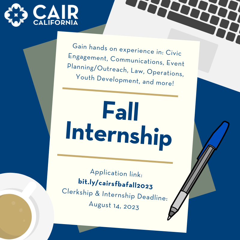 CAIRSFBA's tweet photo. Join CAIR-SFBA's Fall Internship & Clerkship Program and contribute to promoting justice, understanding, and empowerment. Apply by August 14 to make a difference together! #CAIRSFBA #FallInternship #EmpowerChange Learn more: https://t.co/4P4Qmz36gD https://t.co/Icxzh9WEba