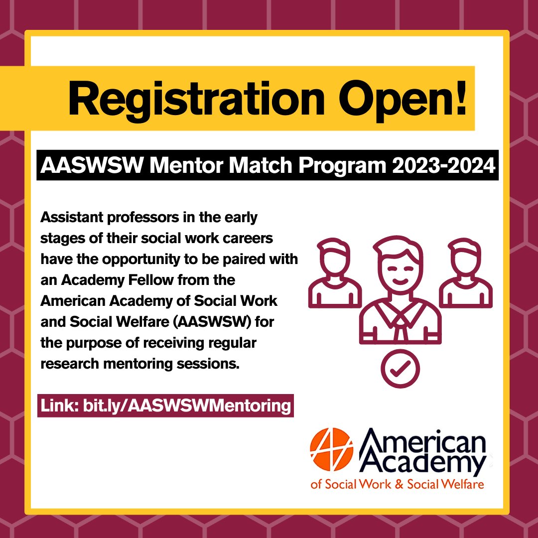 🌟 Enroll in the AASWSW Mentor Match Program 2023-2024! 📚🔍
Unlock the potential of your early career in social work as an assistant professor. Gain invaluable monthly research mentoring from esteemed AASWSW Academy Fellows.
Register now: bit.ly/AASWSWMentoring