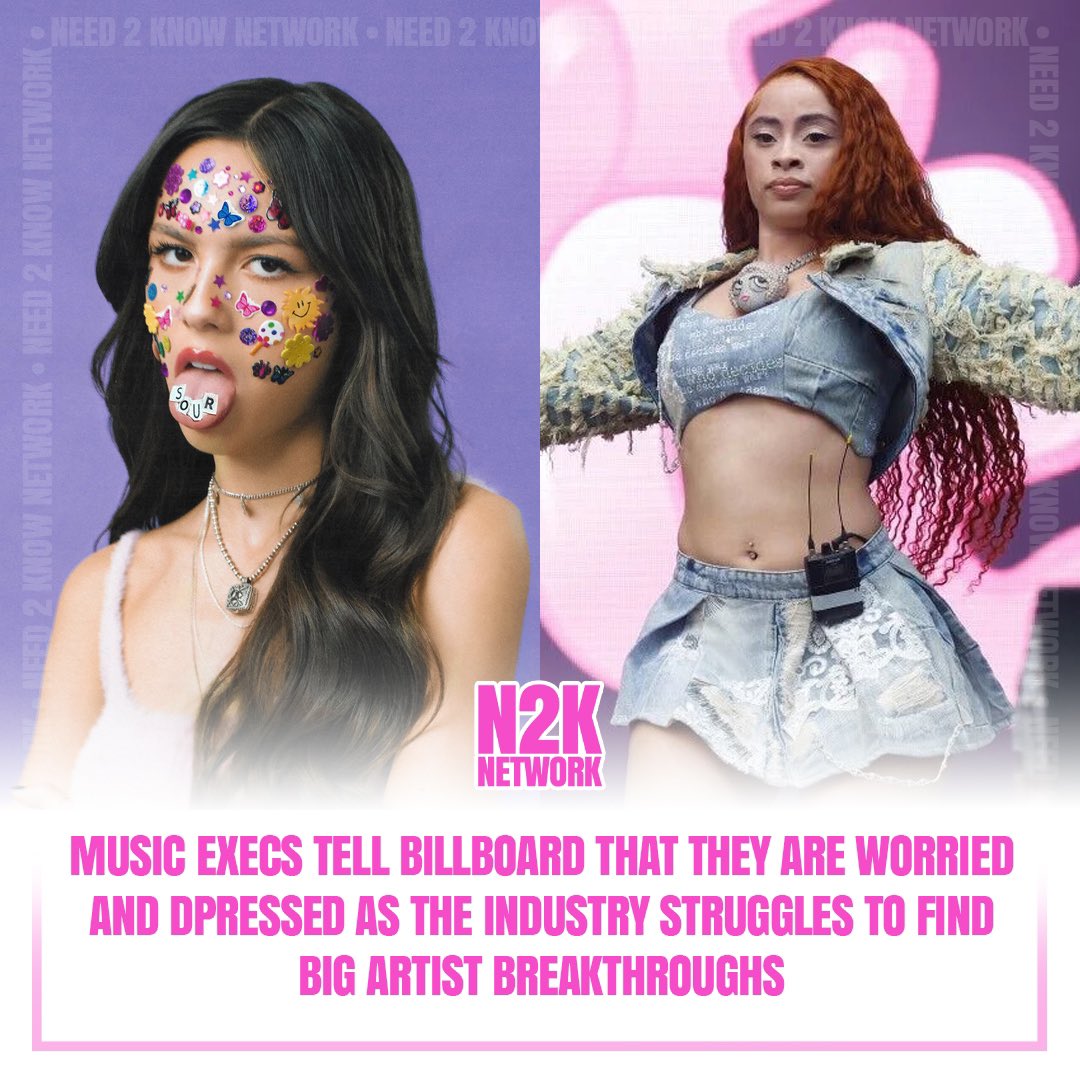 Need2KnowNET's tweet photo. Music executives are “depressed” because they “can’t find” artists that are known for more than just one viral hit.

Olivia Rodrigo and Ice Spice are noted as rare breakthrough artists.

Execs tell Billboard - “Nobody knows how to break music right now.” https://t.co/9tsAUrHSgQ