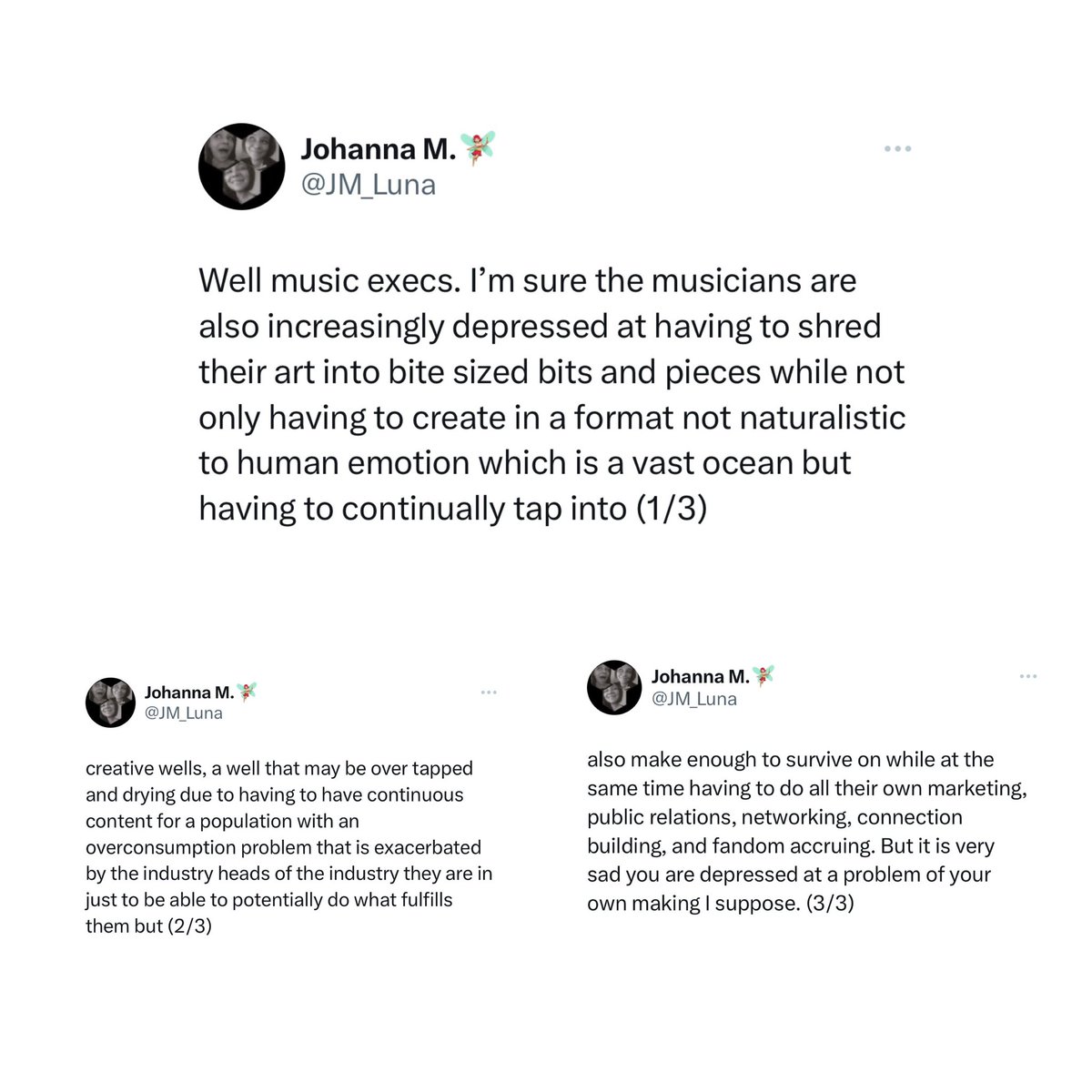 Need2KnowNET's tweet photo. Music executives are “depressed” because they “can’t find” artists that are known for more than just one viral hit.

Olivia Rodrigo and Ice Spice are noted as rare breakthrough artists.

Execs tell Billboard - “Nobody knows how to break music right now.” https://t.co/9tsAUrHSgQ