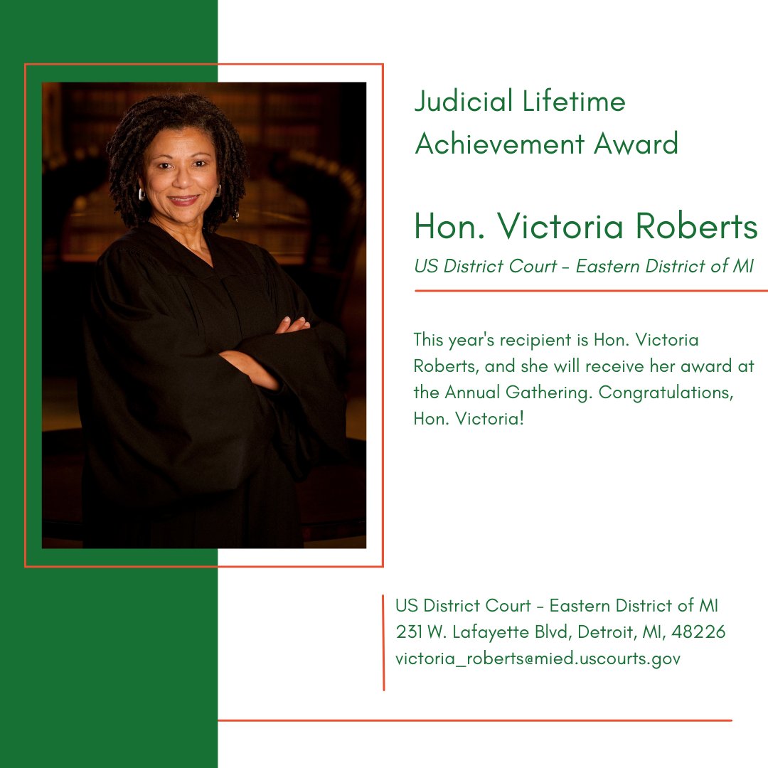 AbotaMichigan's tweet photo. The December 1st Holiday Dinner will include the celebration for this year's Judicial Lifetime Achievement Award recipient, Hon. Victoria Roberts of the US District Court!
#event #award #celebrate #abotami https://t.co/HJ11Tqn63L