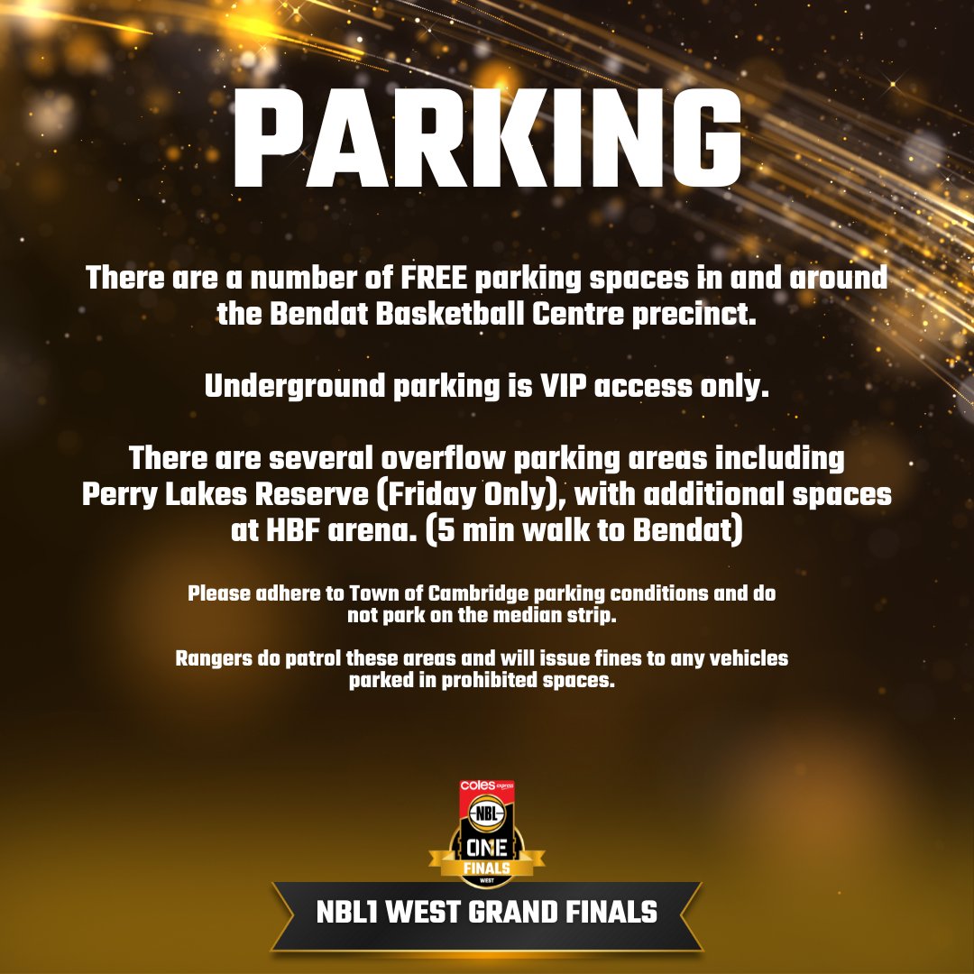 NBL1_West's tweet photo. 𝗘𝗩𝗘𝗡𝗧 𝗜𝗡𝗙𝗢𝗥𝗠𝗔𝗧𝗜𝗢𝗡 🎫
 
Heading to the games this weekend? ⏩ Swipe for parking and conditions of entry information
 
We can't wait to see you all! 🏆
 
#nbl1 #nbl1west #nbl1finals #nbl1westevent #eventinformation https://t.co/UFFeAbJu4S