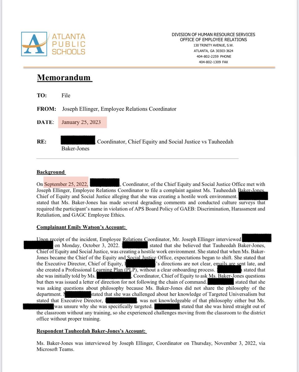 APSTransparency's tweet photo. How is possible for the @aps_equity chief @TauheedahBaker in @apsupdate to receive accolades and @BOEAPS recognition after an 8-month long investigation concluded that evidence existed to substantiate claims that she made “unprofessional comments in violation of Board Policy GAGC: Employee Ethics and created an environment that was inappropriate and offensive to fellow employees” when she said “these hoes ain’t loyal” during a meeting with the team.
@andreforatlanta
@CityofAtlanta
@apsupdate
@DrLisaHerring
@GreatCitySchls
@Apple
@Google
@gsbacomm
@AASAHQ
@Georgia_AG
@usedgov
@SecCardona
@ParkerPoe
@NinaGuptaLawyer
@amplify
@tim_cook
@andreforatlanta
@atlcouncil
@_EdFarm
@AJC_Education
@Marthareports
@BOEAPS
Chair D6: @collinsforkids
Vice Chair D2: Aretta Baldon
D1: Katie Howard (@atlcouncil Chief of Staff)
D3: @MichelleforBOE
D4: @JenforAps
D5: @MitchellFor5
A7: @TamaraForABOE7
A8: @CynthiaBriscoeB
A9: Jessica Johnson