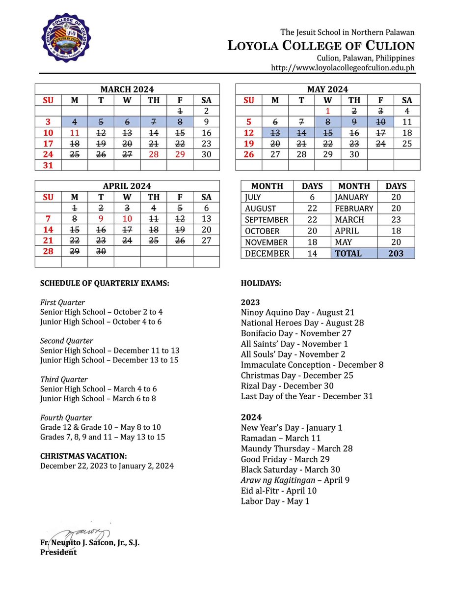 neosaicon's tweet photo. HEADS UP | Here is the official School Calendar for the School Year 2023-2024 approved per Office of the President Memorandum Circular No. 4, Series of 2023. 

Please be guided accordingly. 

#LoyolaCollegeofCulion #AMDG
#WorkingTogetherToCreateAHopeFilledFuture https://t.co/11w2roPtkC