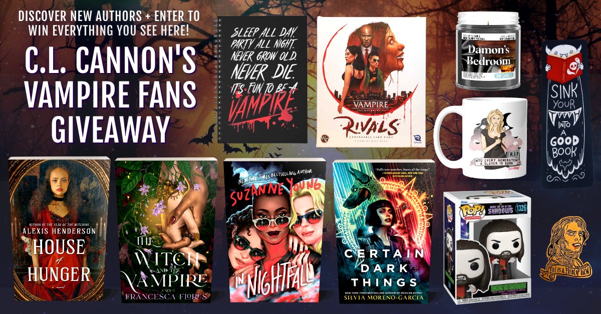 🧛‍♂️Hey, #vampire lovers, sink your teeth into this vamptastic giveaway!🧛‍♀️
🩸Enter: bit.ly/vmpyrlovers 🩸
🦇#Win 4 bestselling vampire books + #WhatWeDointheShadows Funko pop, #Lestat pin, #Buffy mug, #TVD candle, #LostBoys notebook, #VampireRivals game, &amp; vamp bookmark!🦇
