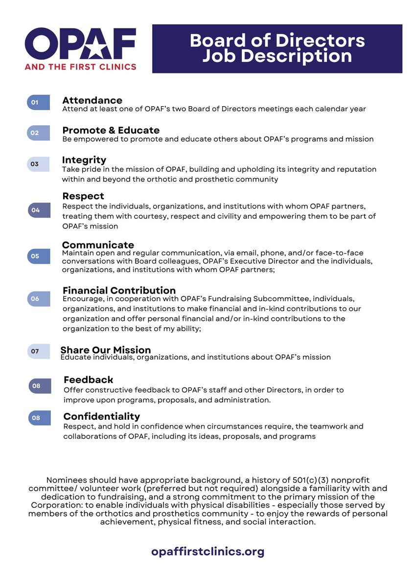 <a href="/opaf/">OPAF First Clinics</a> serving as the philanthropic arm of the O&amp;P community, has begun our annual search for volunteers to serve on our Board of Directors. 

To apply, please send your resume and your letter of intent to join the Board of Directors to Travis Young (travis.young717@gmail.com)