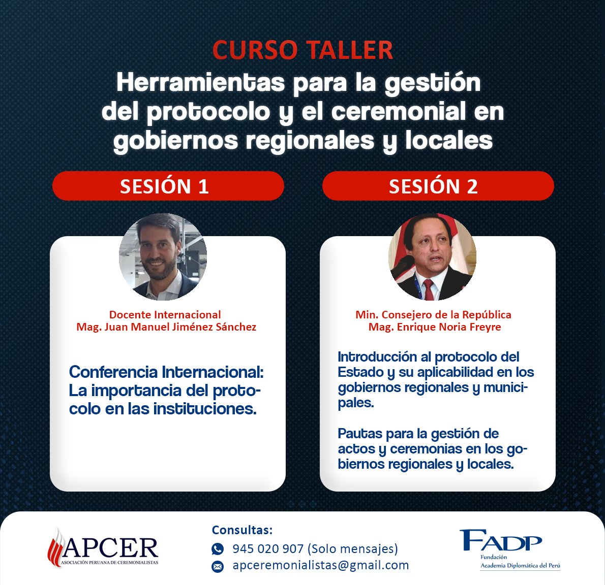 apcerprotocolo's tweet photo. 🔹CURSO TALLER: Herramientas para la gestión del protocolo y el ceremonial en gobiernos regionales y locales
🔹Doble Certificación: por 30 horas académicas otorgado por la FADP y APCER.
Modalidad: Virtual
👉Inscríbete ahora: https://t.co/8hgpB5ACcg
#apcer #fadp #cursotaller https://t.co/b6gspLij1d