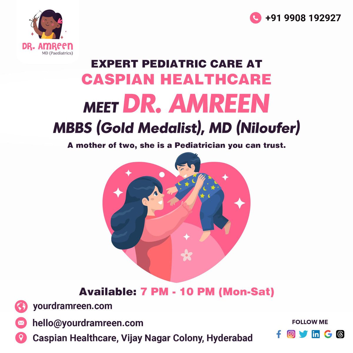 YourDrAmreen's tweet photo. Your Child's Health is my Priority!

With my expertise in pediatric care at @caspianhealth, your child is in safe hands.

📞 Call +91-9908192927 to book a consultation and experience the trusted care you deserve.

 #DrAmreen #Paediatrician #Caspian #CaspianHealthcare #Hyd https://t.co/YwaszVorYj