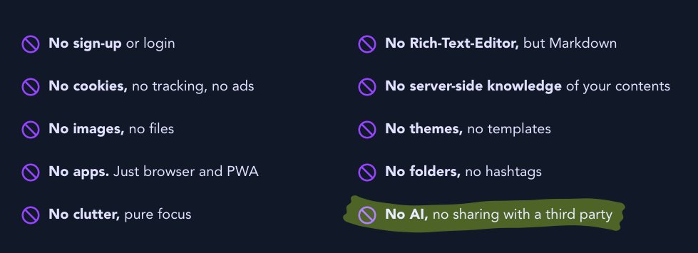 It took us a surprisingly long time to add AI to our anti-feature list. We apologize for that. scrut.ch/#features