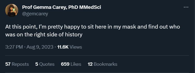 RealPartisans's tweet photo. This is Prof Gem 'Gemma' Carey. When not providing hourly updates on her battles with Long #PHDbrain, Gem spends her time - fully masked - over there on the left side of history, awaiting transit over here to the right side of history. https://t.co/D42xkzPI81
