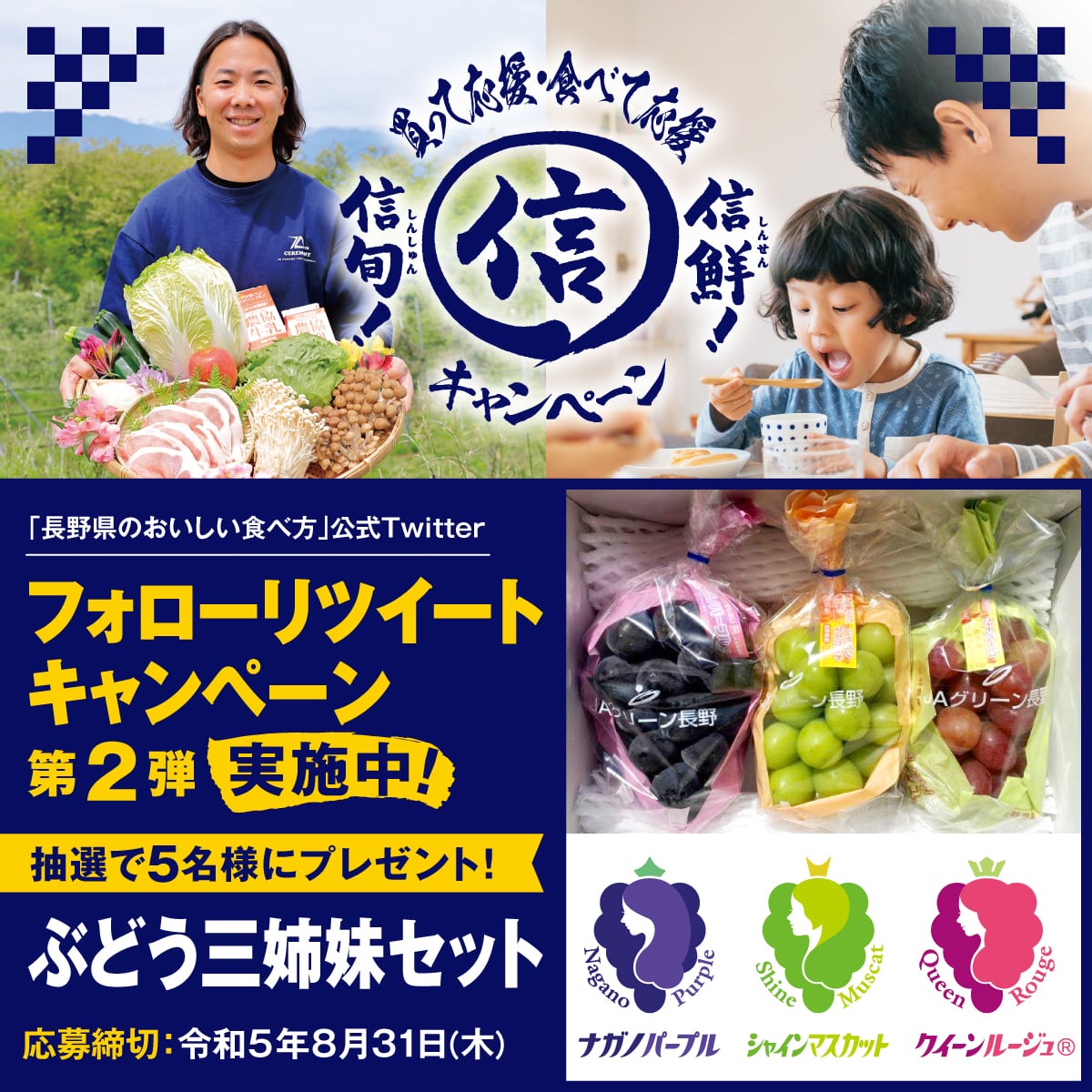 JA_naganoken's tweet photo. JA長野県グループ
#信鮮信旬キャンペーン
#ぶどう三姉妹セット を抽選で5名様にプレゼント！

【応募方法】
①本アカウントをフォロー
②この投稿を8月31日23：59までにRT
　結果は9月にDMでご連絡します

▼キャンペーンの詳細はこちら
https://t.co/pKlwso3fjr https://t.co/rncWHnTaIf