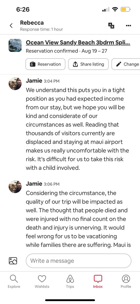 Chonger66's tweet photo. Tried to respectfully work with the host but look at these responses. They are all about making the $$$$. No tenderness, caring or respect for the people or the land. #maui #airbnb https://t.co/CIljdMuMp6