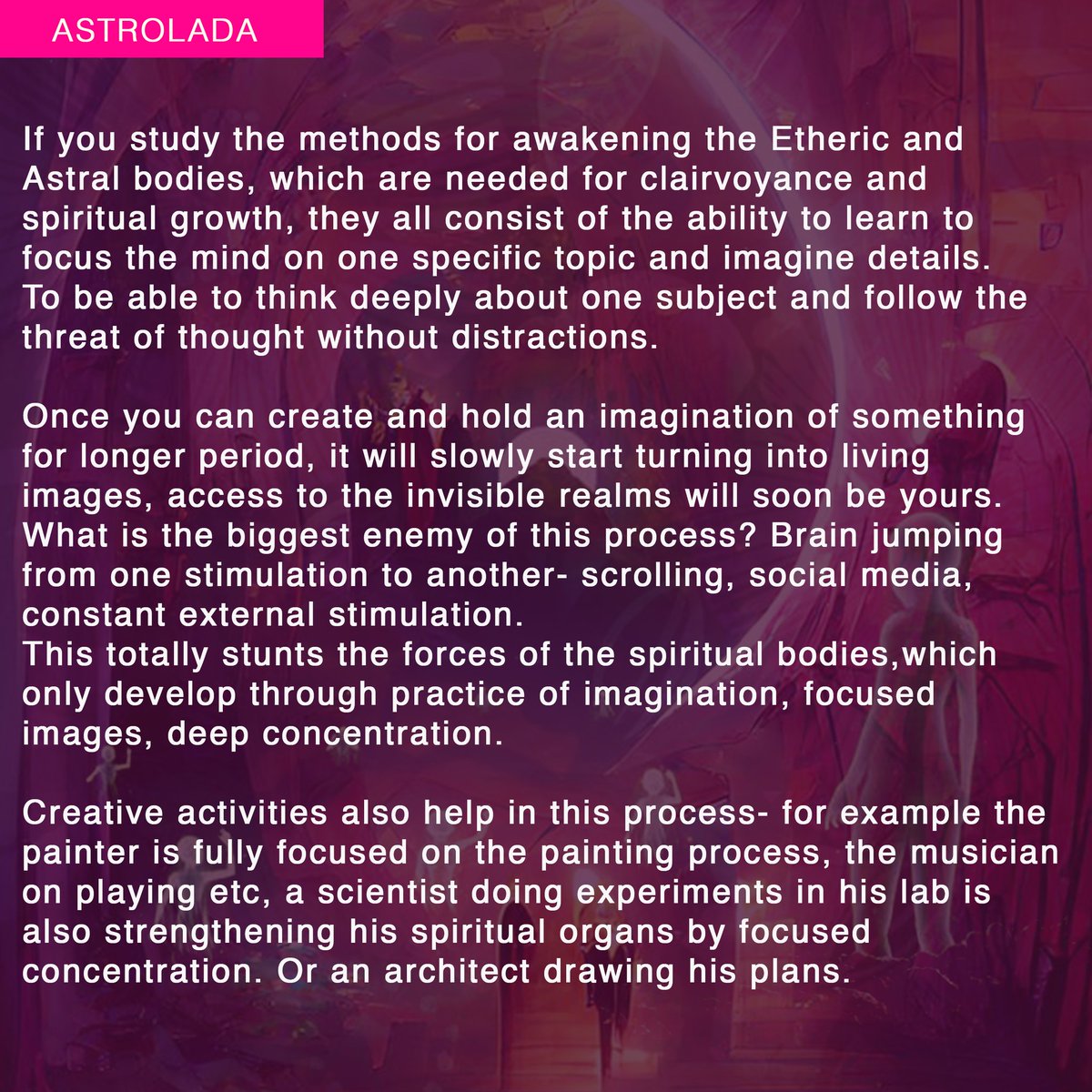astrolada's tweet photo. we have personal responsibility to put time for contemplation of deep topics, developing of long span attention and imagination in order to study the methods for awakening the Etheric and Astral bodies.

Swipe to read 
#astrolada https://t.co/d0hq0iHDsM