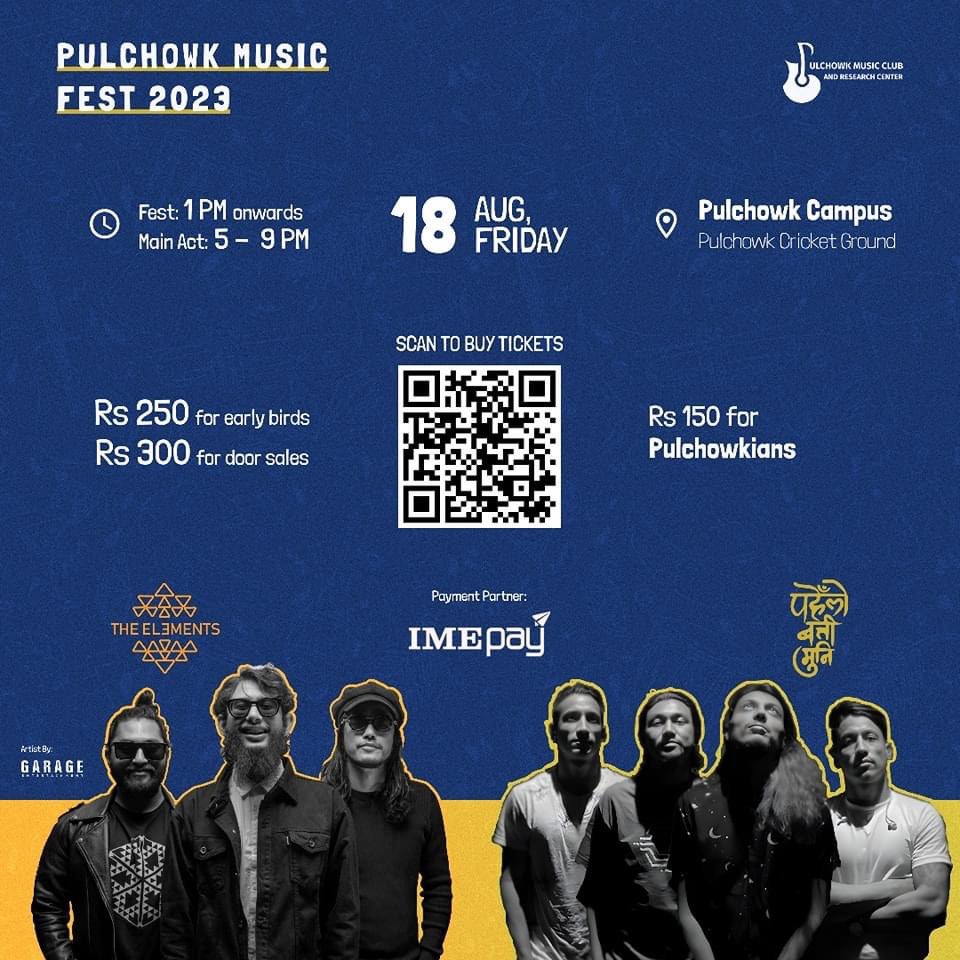 Experience Pulchowk Music Fest 2023! Tickets: Rs 150 (Pulchowkians), Rs 250 (early birds), Rs 300 (door sales). IMEPay ensures seamless journey. Unforgettable symphony awaits!🤘🎶🎵
 
Get tickets: bit.ly/imepay1 

#PMCFest #MusicalMagic 🎶