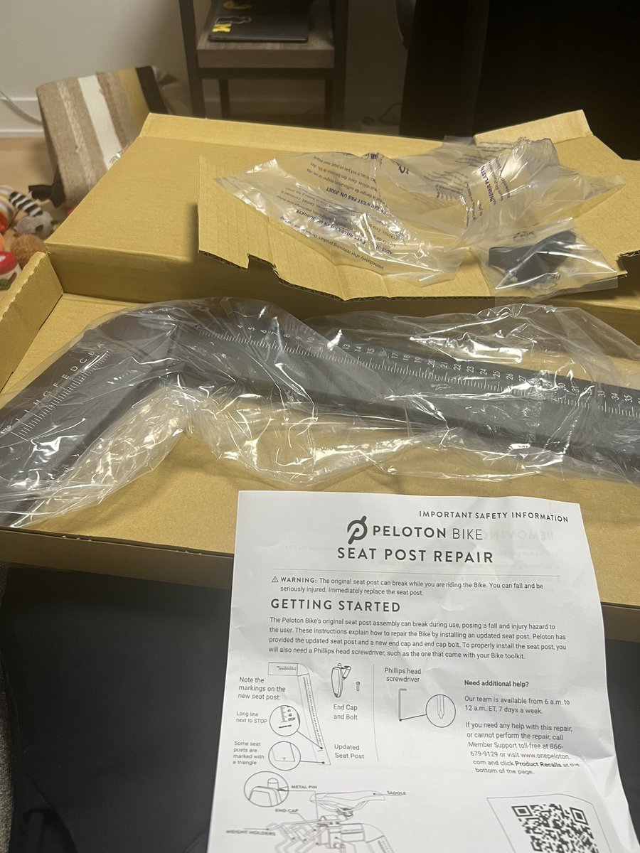 andyviana's tweet image. Forgot about this Peloton recall from a few months ago until it arrive today. They must have had to send out over 1M+ of these. Pain