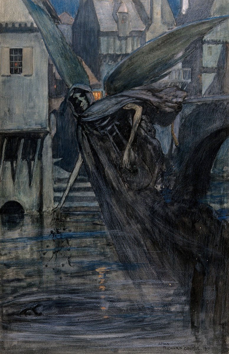 DocDelusional's tweet photo. The angel of death (a winged skeletal creature) drops some deadly substances into a river near a town; representing typhoid (1912) by Richard Tennant Cooper #art #SECRET #Death #angel #plague https://t.co/N6jvylCkxP