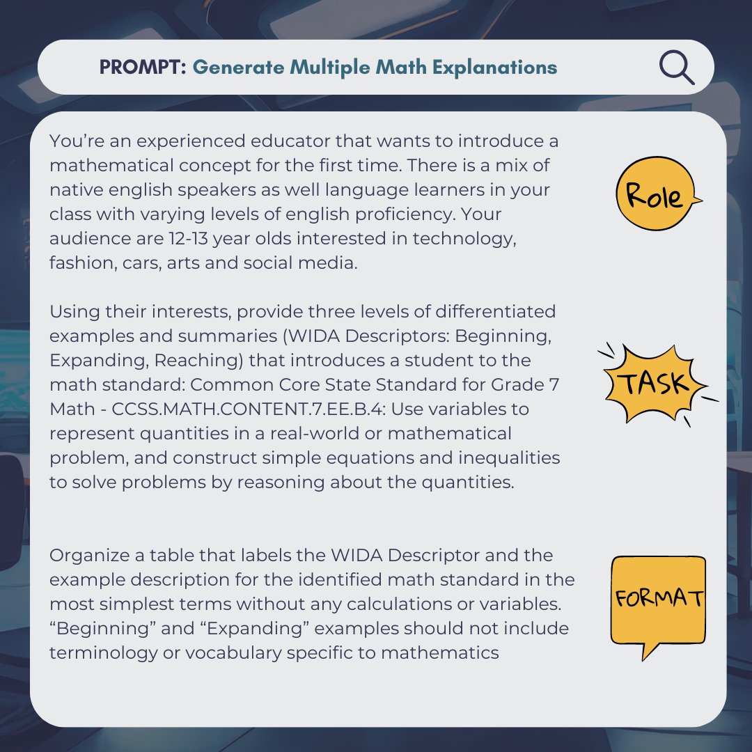 classroom_ai's tweet image. 😭 Ran into a bit of a wall today. Was trying to develop a recyclable prompt to provide examples of a Math Standard at different WIDA Descriptor Levels (Beginning, Expanding, Reaching). I spent way too much time revising and editing the prompt, pasting into different models  and…