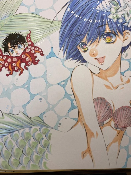 こちら夏コミ頒布用色紙です!お声かけくださいね夏なので人魚姫描いたよ