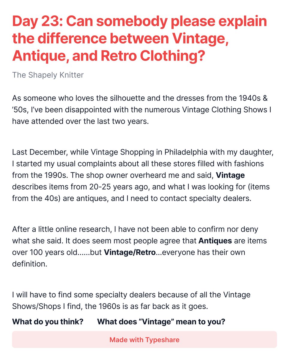 shapelyknitter's tweet image. Day 23: Can somebody please explain the difference between Vintage, Antique, and Retro Clothing?