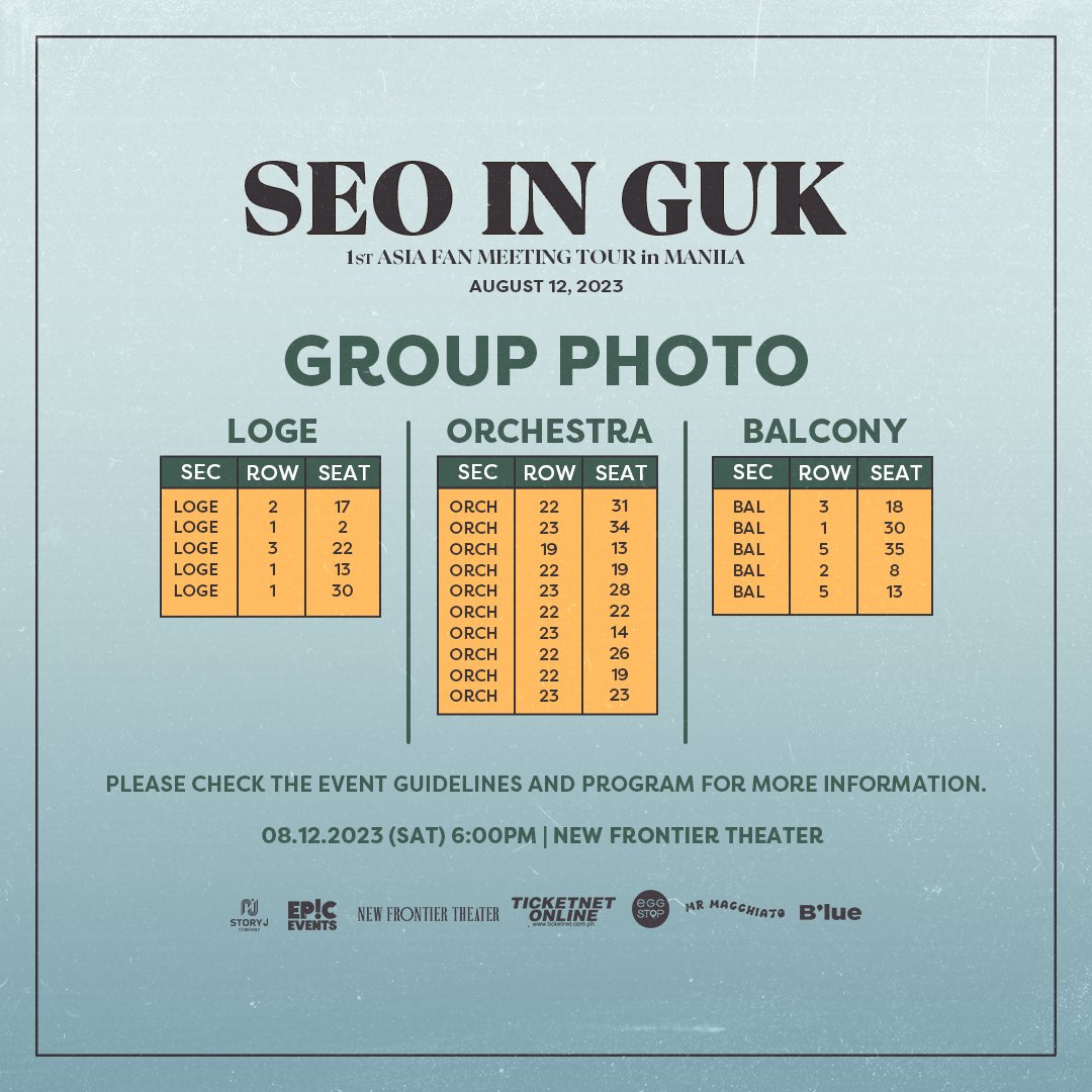 Congratulations! To all lucky winners of Group  Photo  Raffle. Don’t miss the chance to check out  below. 

📌 Customer Service will open at 10 AM-4PM.
 📌 Wristtag claiming will be at 2nd Floor Lobby from 10AM-4PM only.
 📌 Please bring your ticket.
#SeoInGukinManila