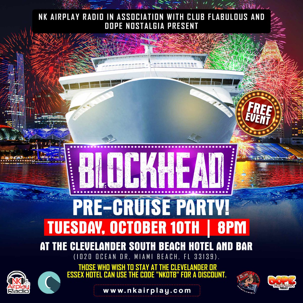 Yo Blockheads! We're having a pre-cruise party in Miami @ the Clevelander on 10/10 at 8 pm! It is a FREE event! If you haven't gotten your reservations at either The Clevelander or The Essex, you can use this discount code: NKOTB More details to come! Hope to see you there!