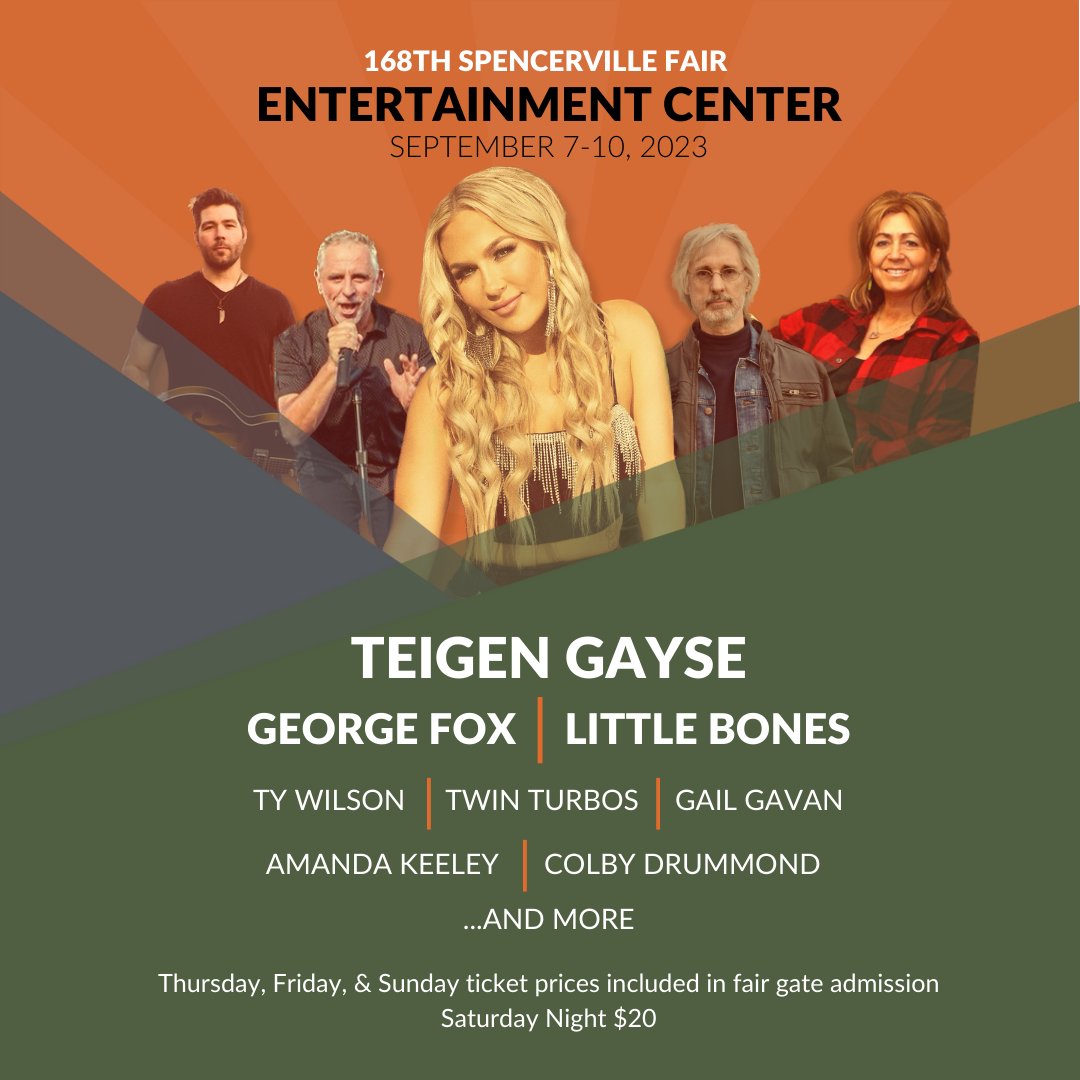 SVilleFair's tweet image. ENTERTAINMENT CENTER LINEUP!!!
Don't forget your tickets, spencervillefair.ca/entertainment 
#openmicnight #twinturbos #littleBones  @TyWilsonmusic #TeigenGayse #colbydrummond #gailgavan #georgefox #georgefox #countrymusic #svillefair #spencerville #easternontario #festival #music