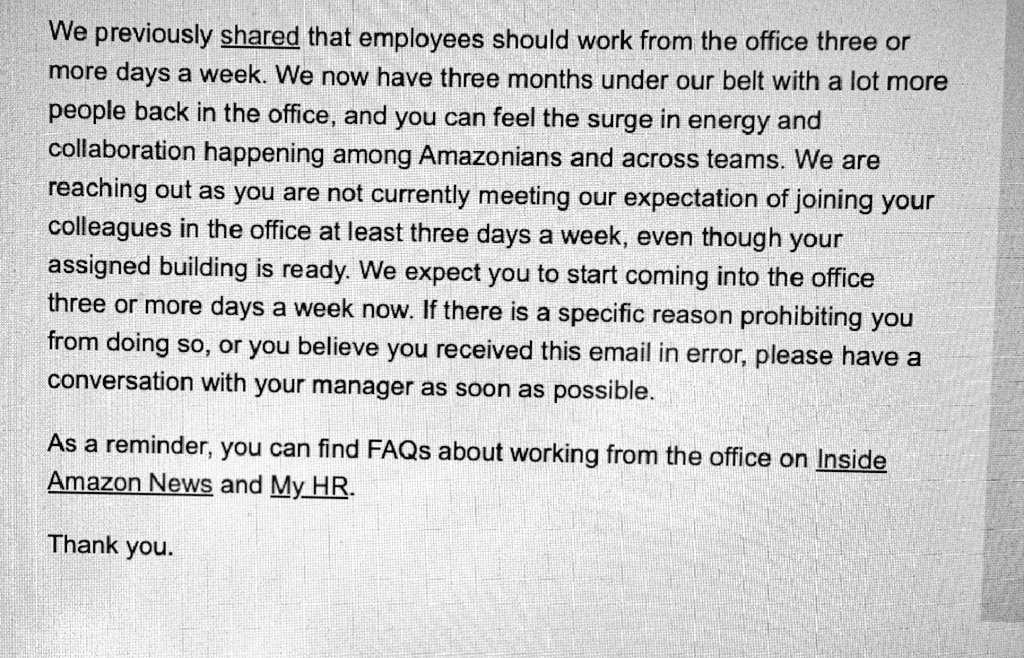 Leaked Amazon #RTO email sends clear message: 

Come back or else.

"…you can feel the surge in energy and collaboration happening among Amazonians and across teams. We are reaching out as you are not currently meeting our expectation …"

👀